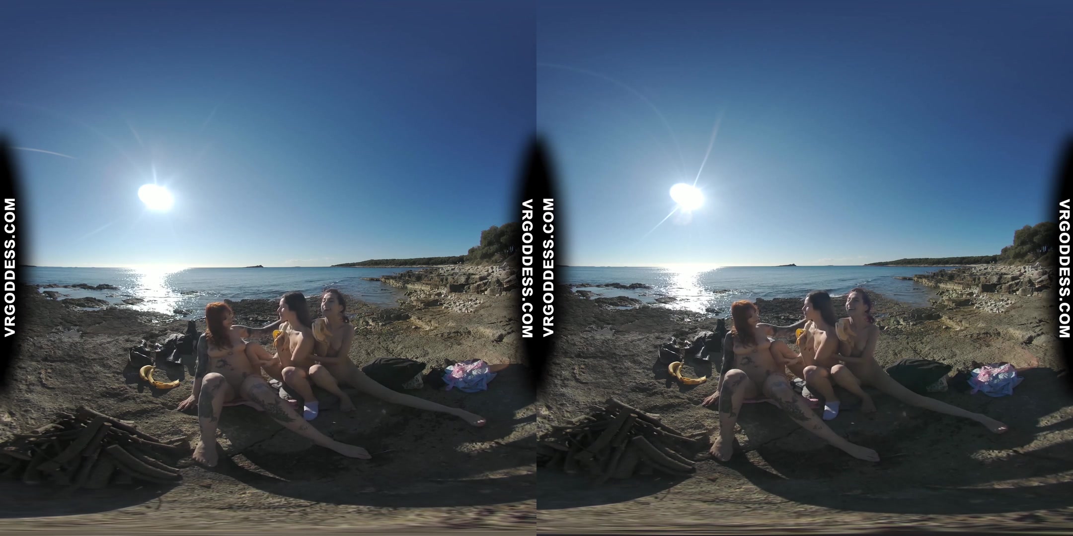 3 Hot Girls Getting Naked On Beach During Winter Making Fire Eating Bananas Dancing
