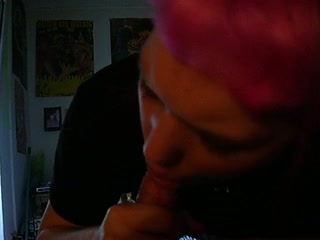 Pink-haired punk girl blowing her boyfriend's little wiener