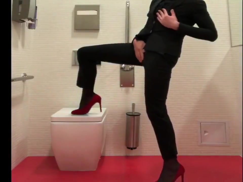 Mean bitch high heels, long legs cum in office toilet like small girl