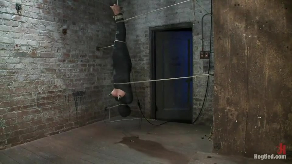 Cute little blond girl is mummified, vibrator stuck on her clit. Hung upside down to cum & cum.
