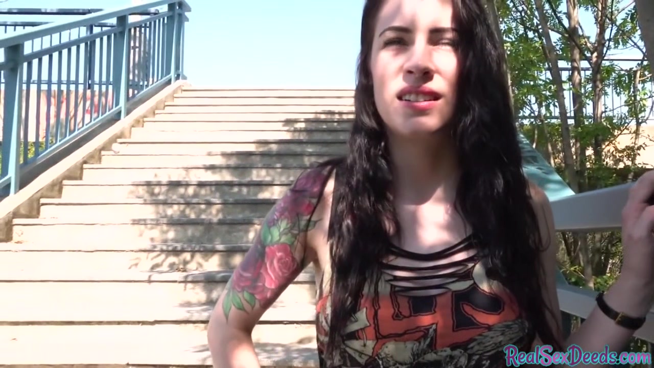 POV tattooed busty babe rides cock outdoor in public ***