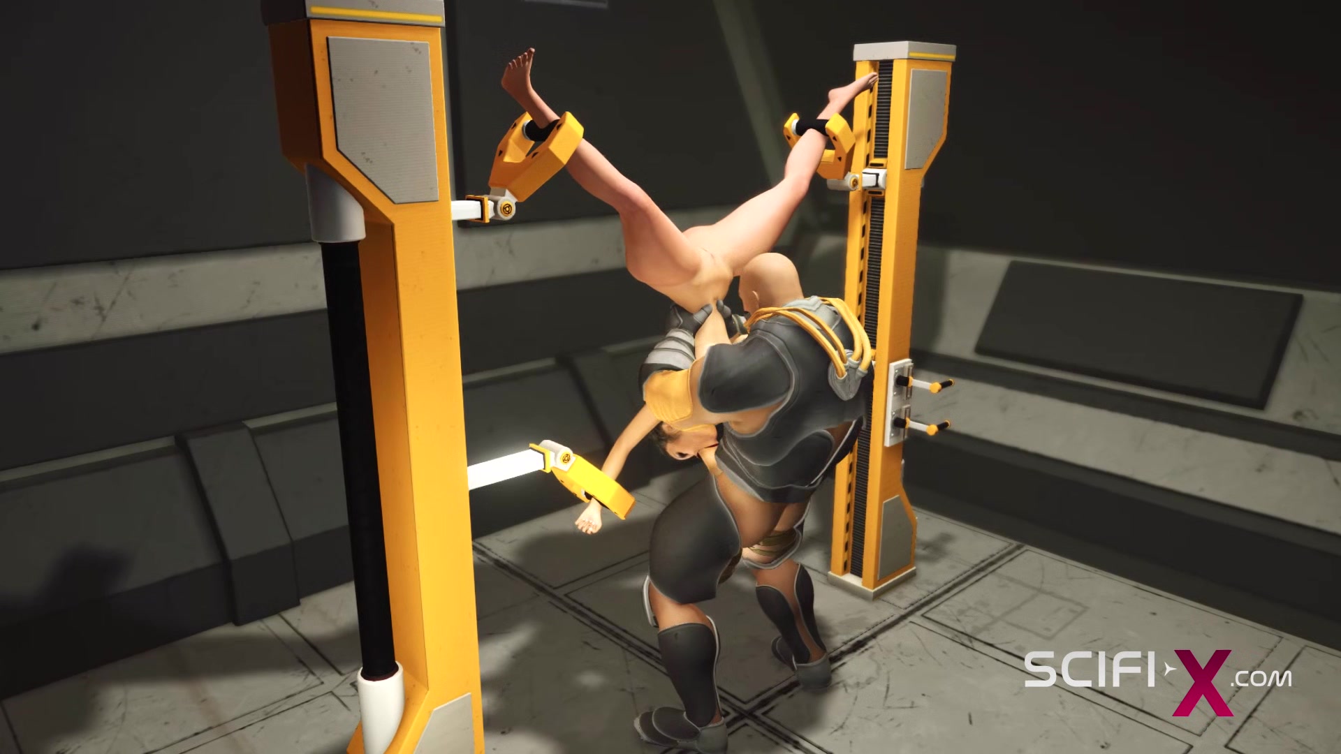 A sexy busty ebony gets fucked by a sci-fi soldier in the sci-fi cell