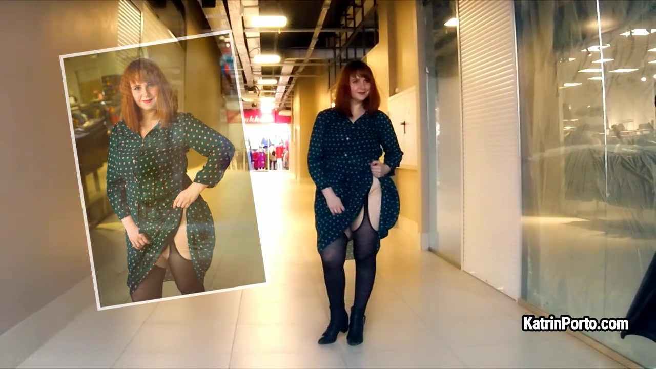 BBW redhead Katrin Porto shows her big tits and hairy cunt in public place