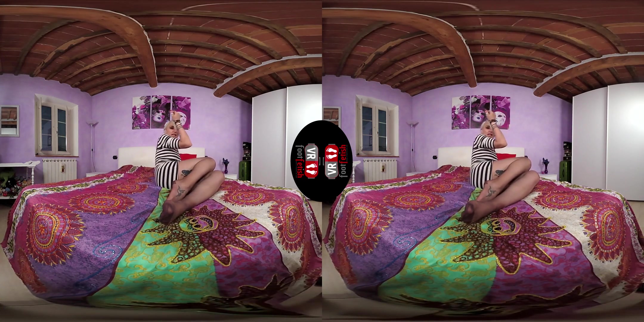 Hot Blonde Ammalia Laying In Bed With Grey Nylons And Short Dress - SexLikeReal