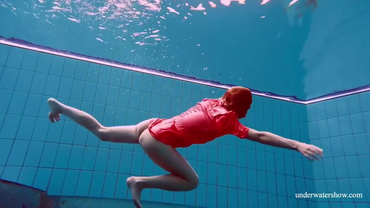 Red Long Dress And Big Tits Floating In The Pool