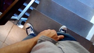 Wanking in a public staircase