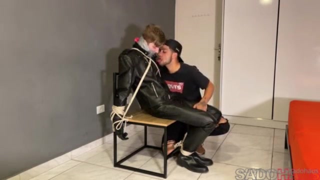 Bound leather boy cum load