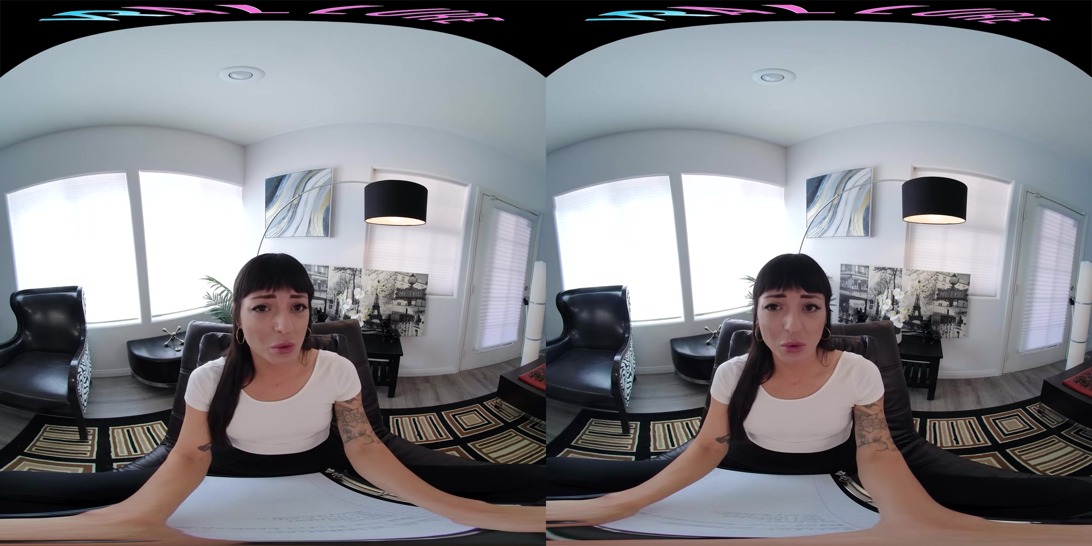 Skinny brunette fucks her ass with a toy in virtual reality