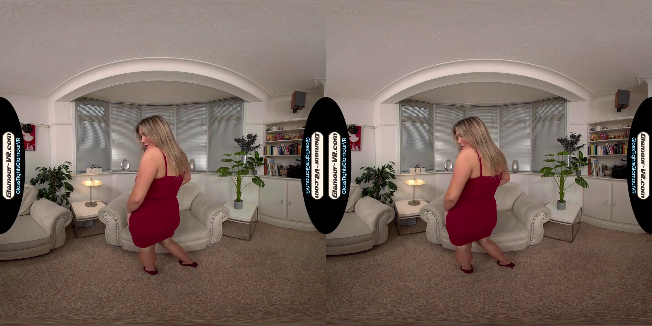 Siobhan Graves Red Party Dress With Tan Glossy Tights/Pantyhose Treat - 8k Vr