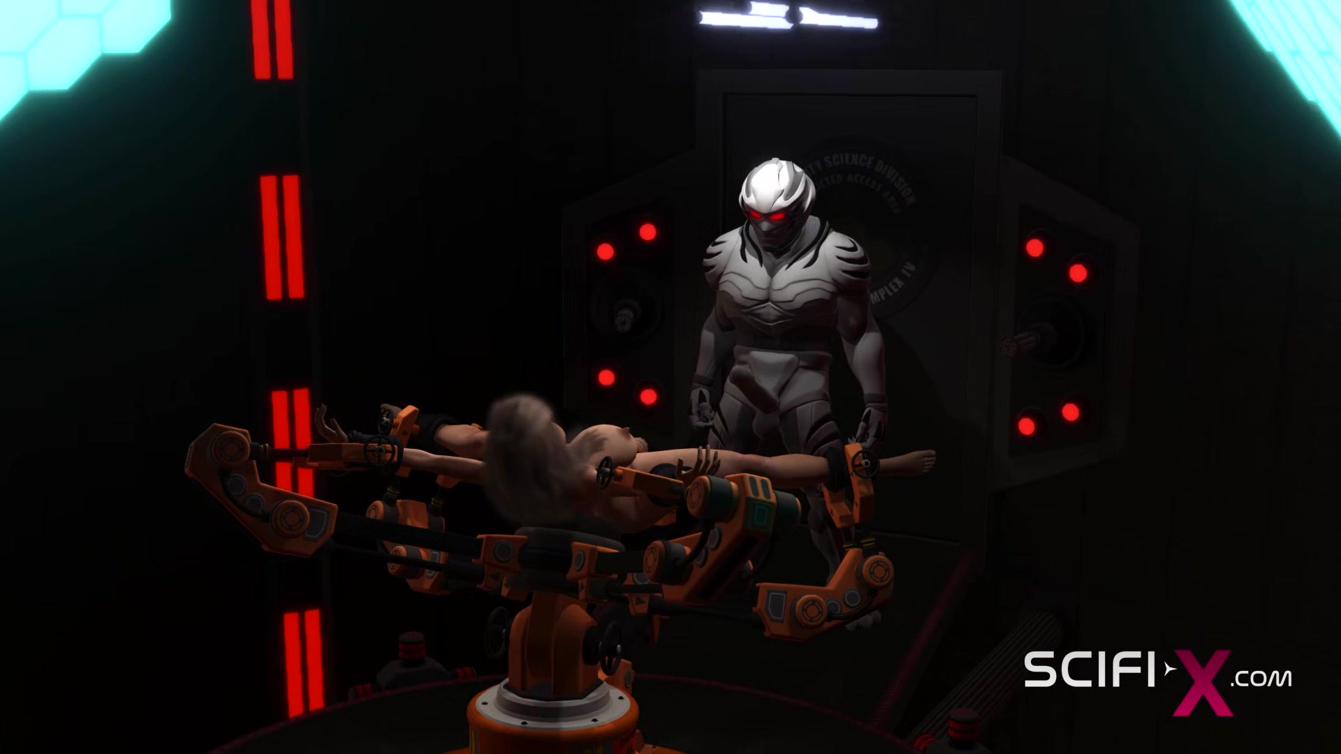 Busty sexy blonde and extreme sex with an android in the sci-fi lab