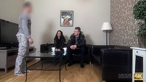 HUNT4K. Cameraman fucks comely brunette next to her grumpy cuckold