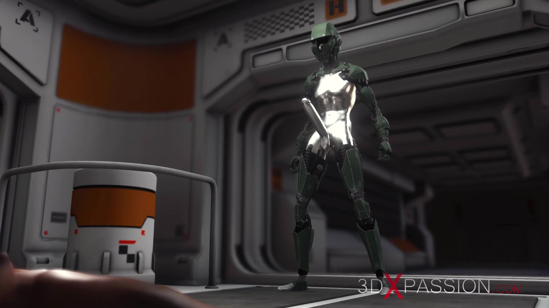 Sci-fi base camp. Male android plays with a sexy ebony on the exoplanet