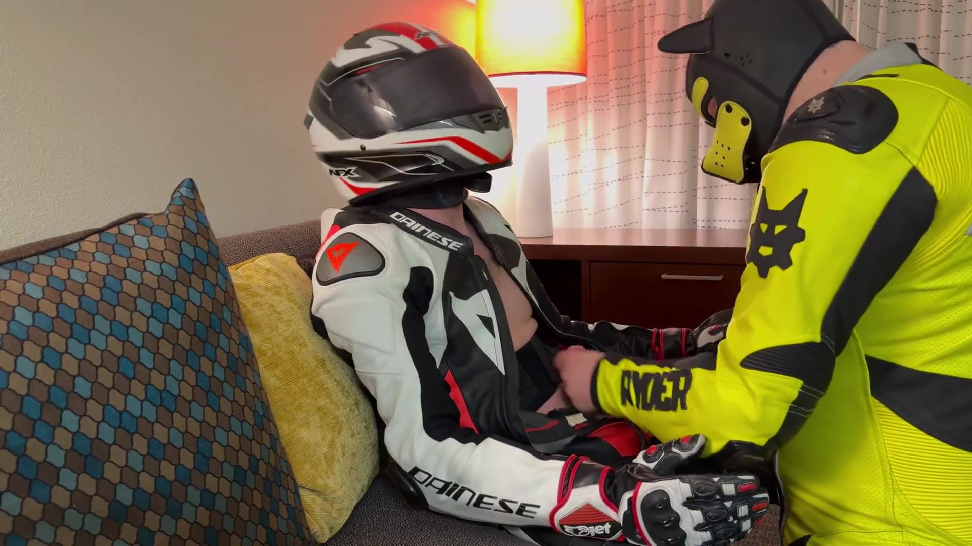 Biker gear blowjob and cum gloves