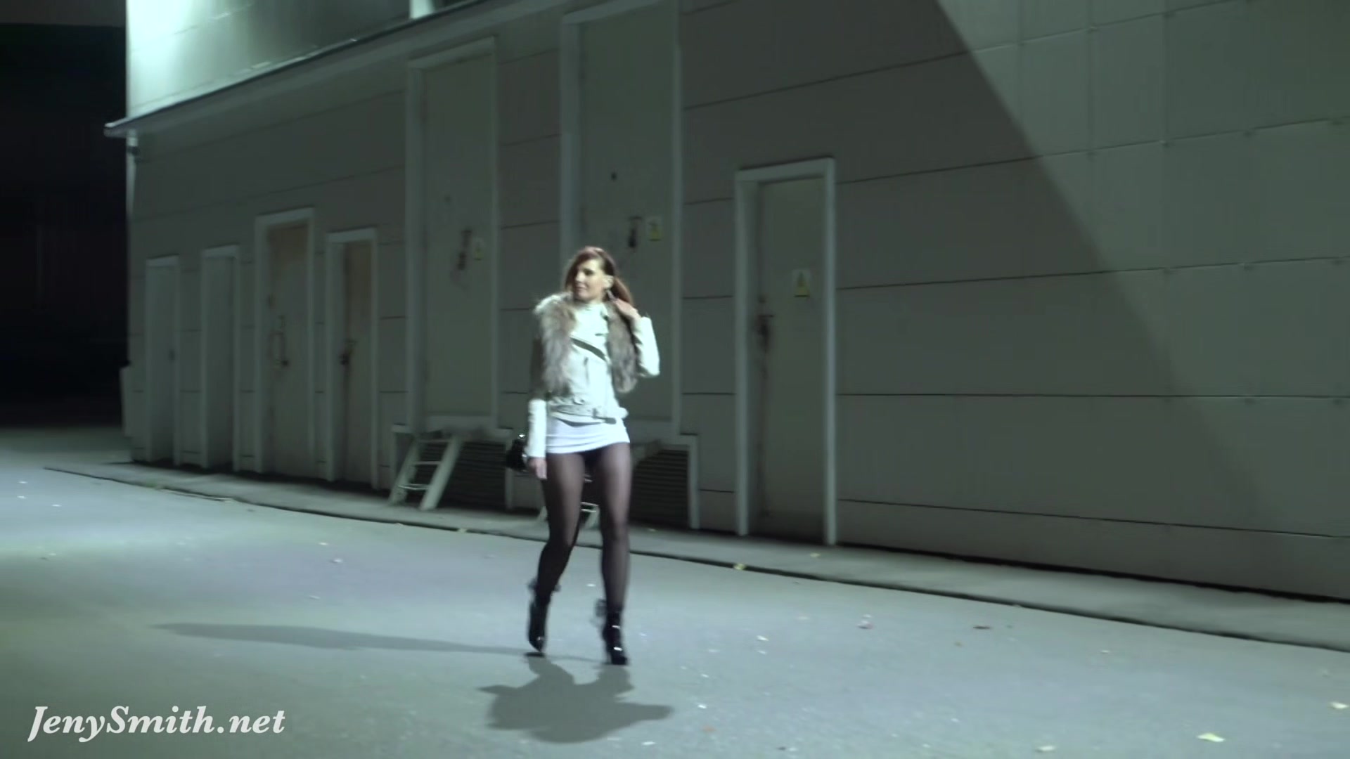 Jeny Smith walks in public in transparent tights without panties