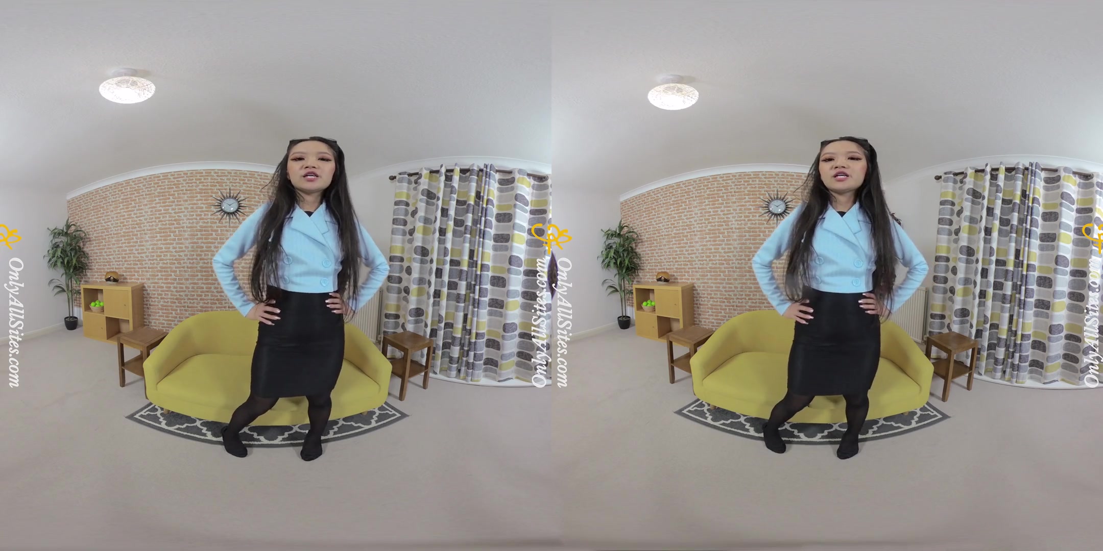 Louisa Lu - Blue Blazer; Hot Babe Stripping in Tights