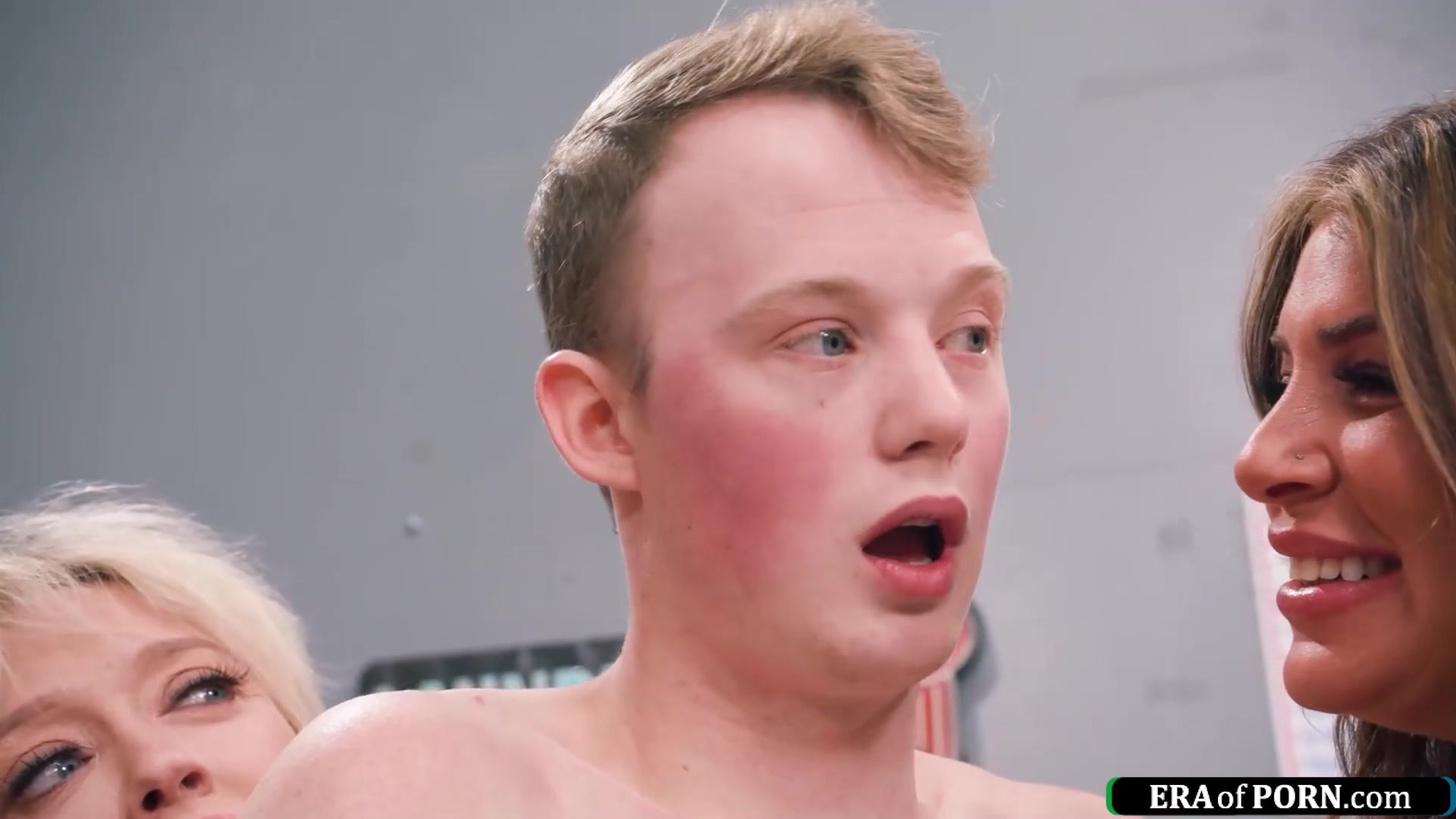Young guy is sucked and fucks busty milfs in a laundry room