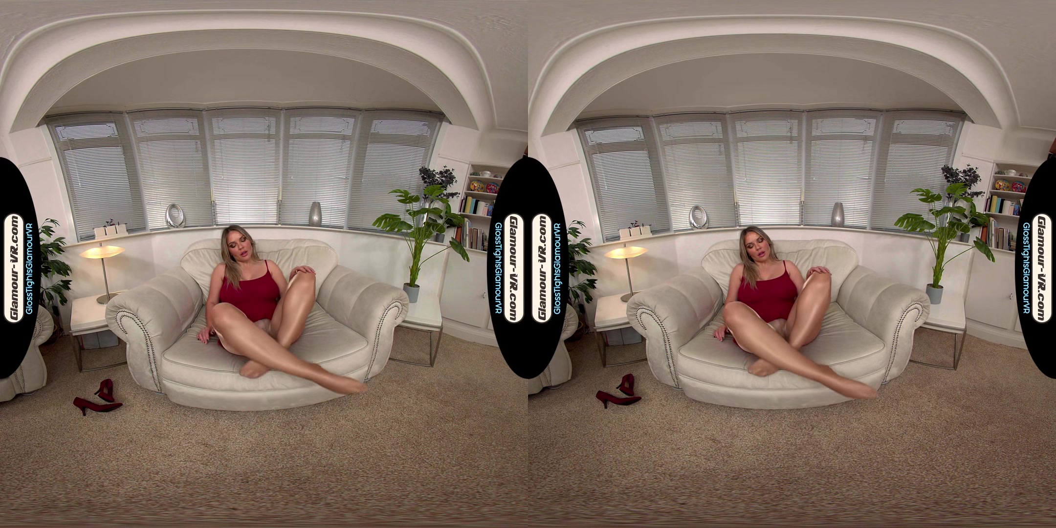 Siobhan Graves Red Party Dress With Tan Glossy Tights/Pantyhose Treat - 8k Vr