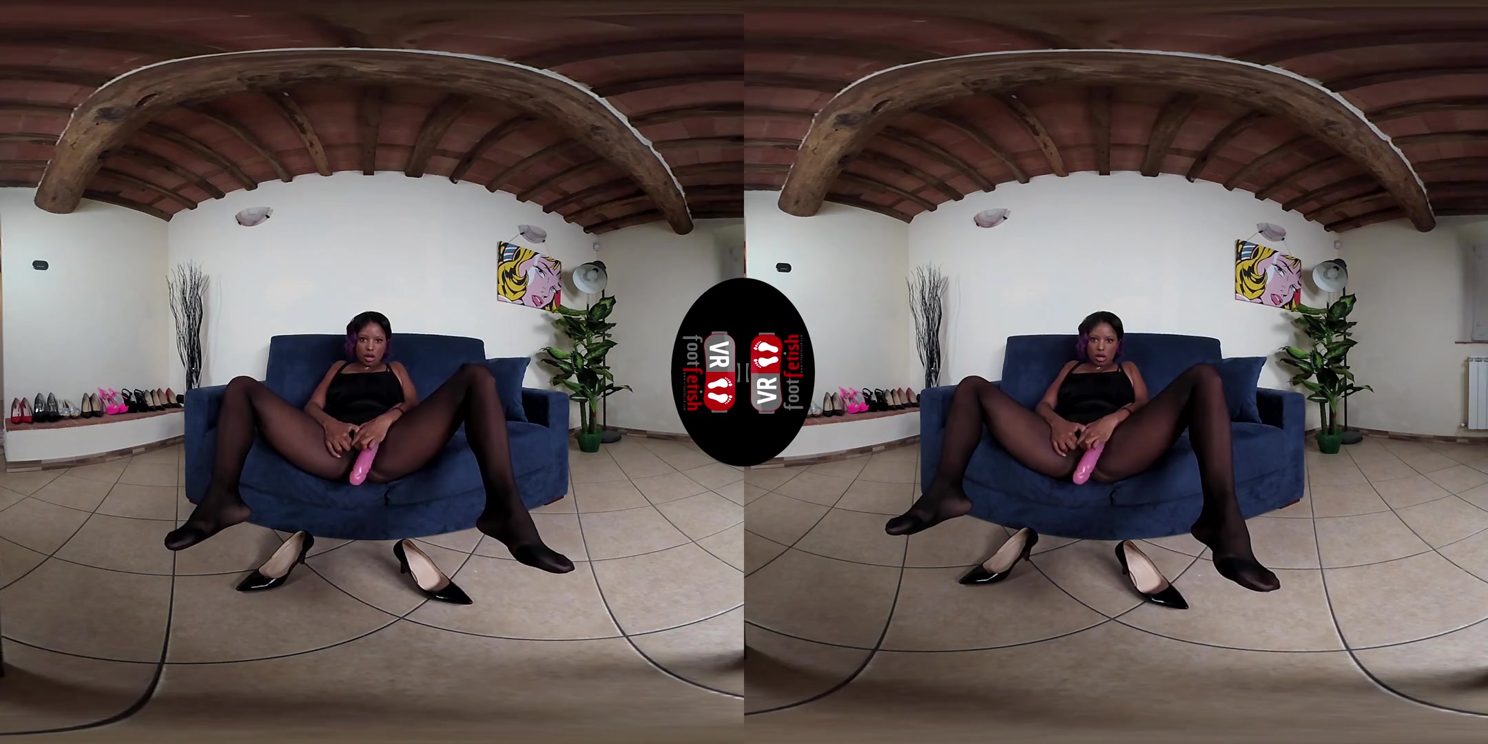 Hottie Janelle Plays With Pink Double Dildo In Black Nylons; Big Tit Black Babe with a Double Ended Dildo Leg and Foot Fetish VR