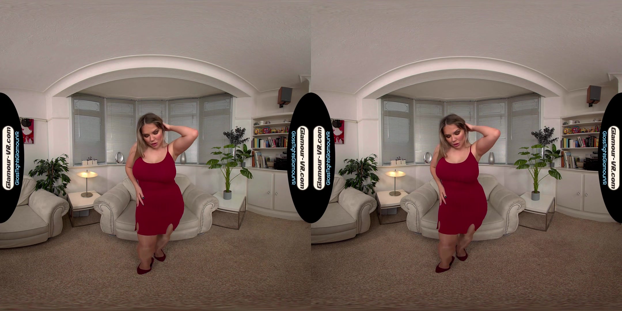 Siobhan Graves Red Party Dress With Tan Glossy Tights/Pantyhose Treat - 8k Vr