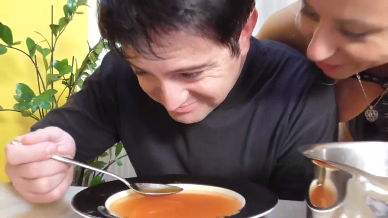 Feeding soup mixed with piss and saliva by Femdom Austria