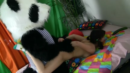Chic brunette hair angel seducing Panda bear