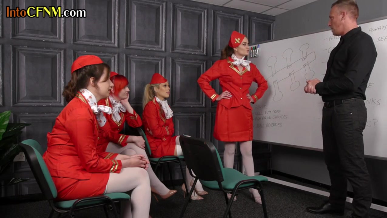 Group of CFNM stewardesses sucking guy cock in femdom action