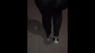Candid See through tights in public walking on highway pathway