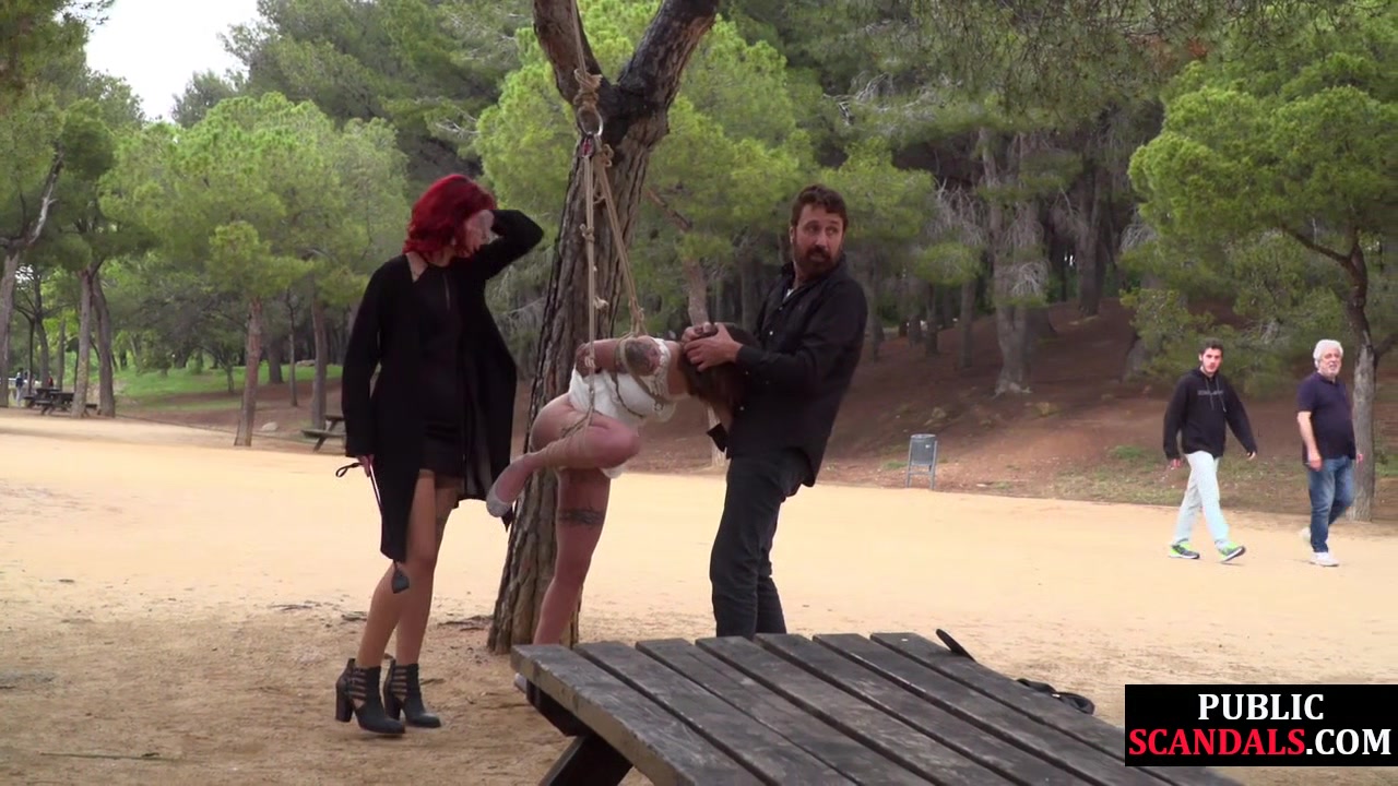 Trapped perverted bae seduced by BDSM fuckers outdoor