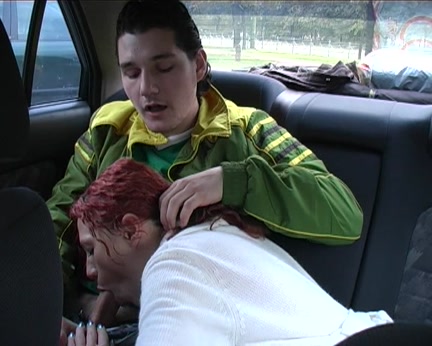 Red-haired doxy engulfing in the car for all to watch