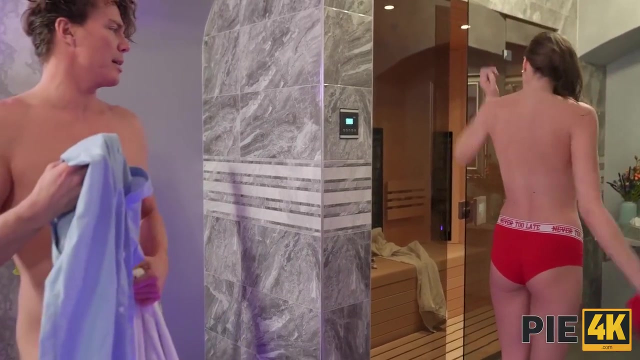 Slender Babe Enters Her Own Sauna And Catches Handsome Stranger