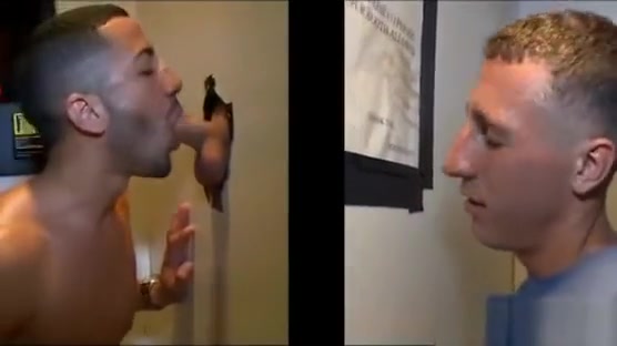 Cumshot after gay gloryhole blowjob