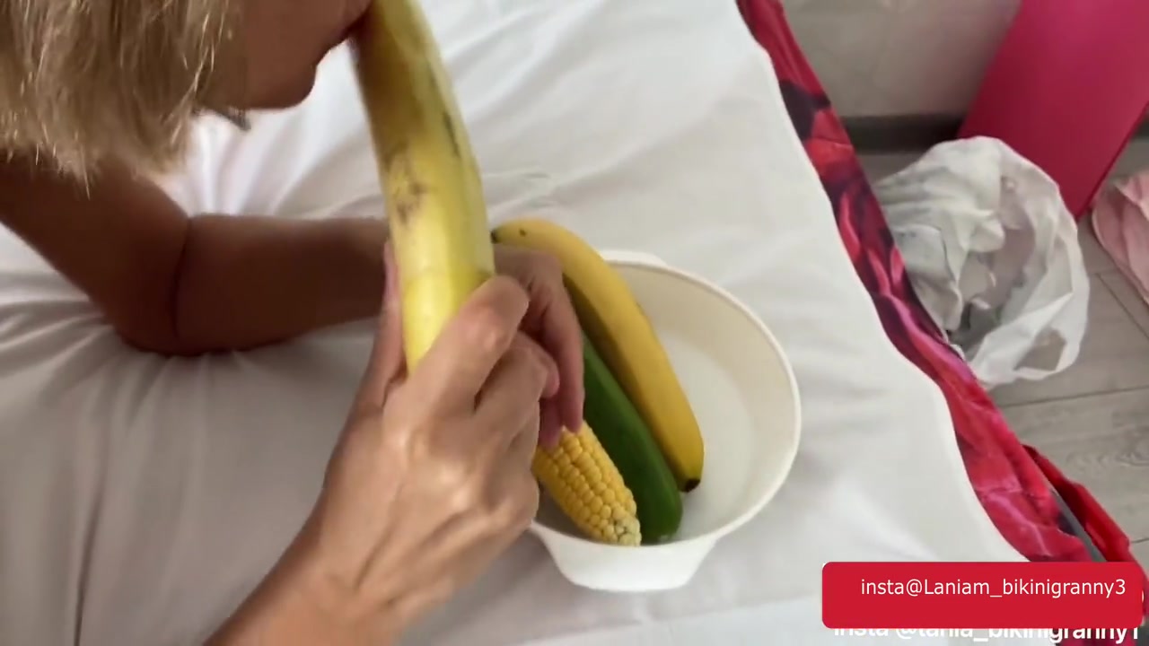 Old Lady Pussy Insertion Banana Cucumber Masturbation Taboo Closeup