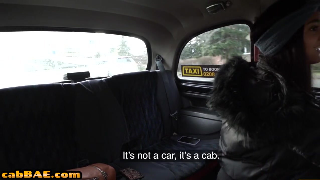 Ebony skinny babe rides taxi driver in taxi outdoor