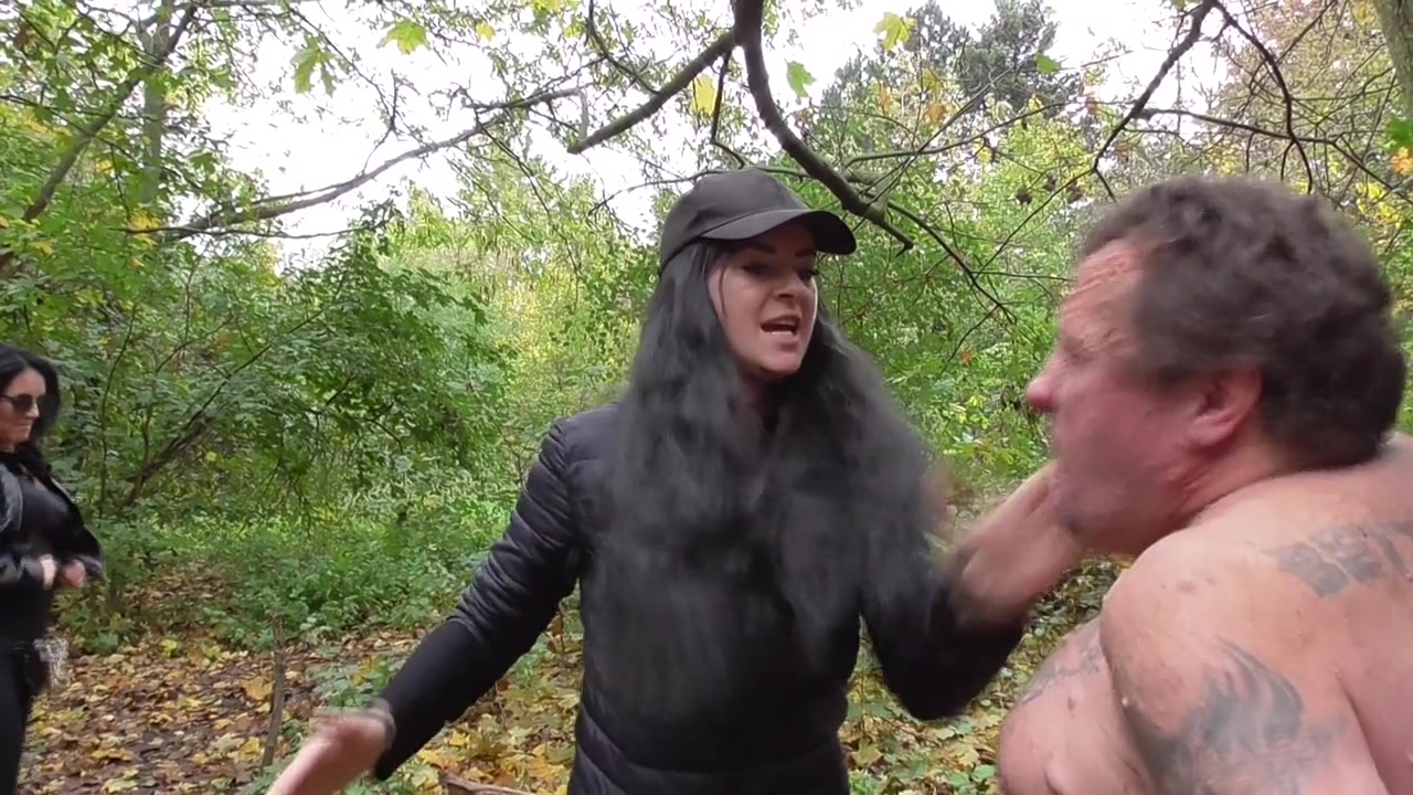 Slapping session in the forest for the naked male slave by Femdom Austria