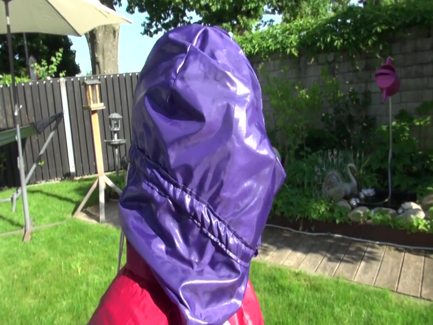 Watch Sandra Bound, Gagged And Nylonhooded In Her Shiny Nylon Rainwear