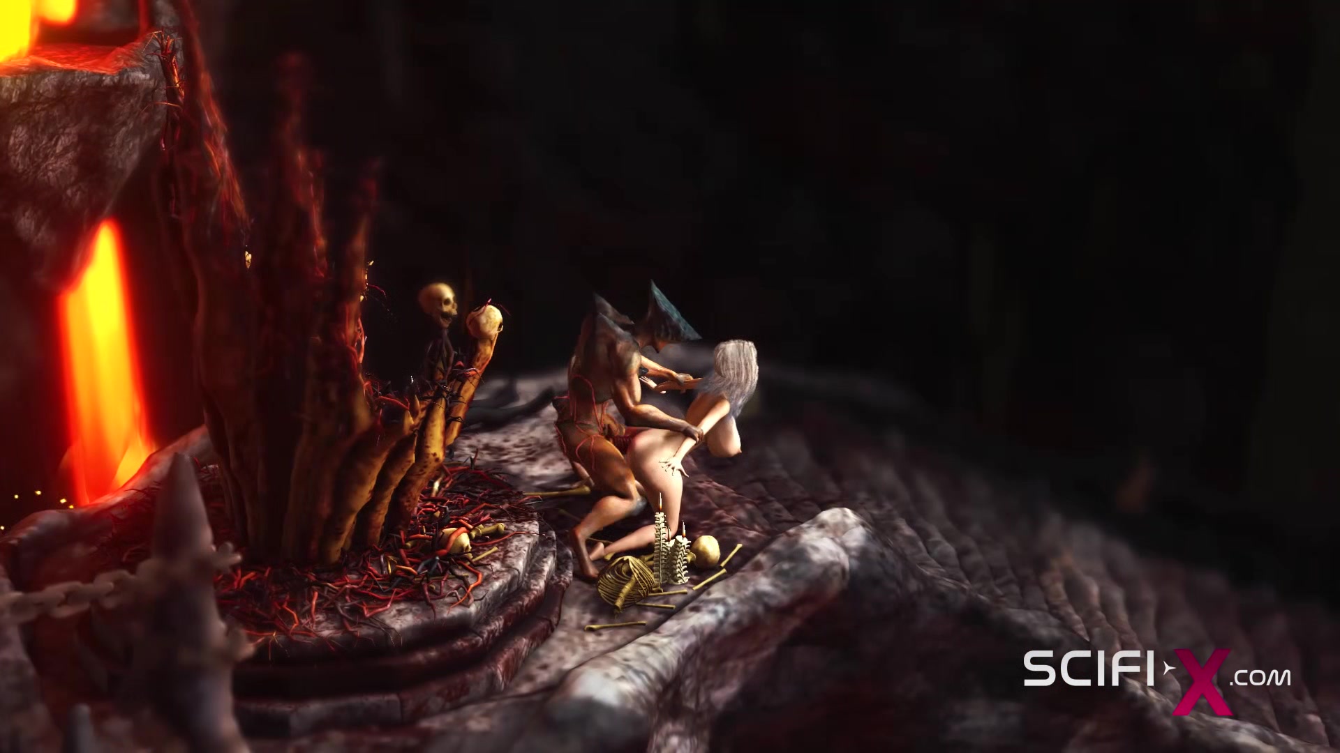 A horny hottie gets fucked by a male alien in the fire cave