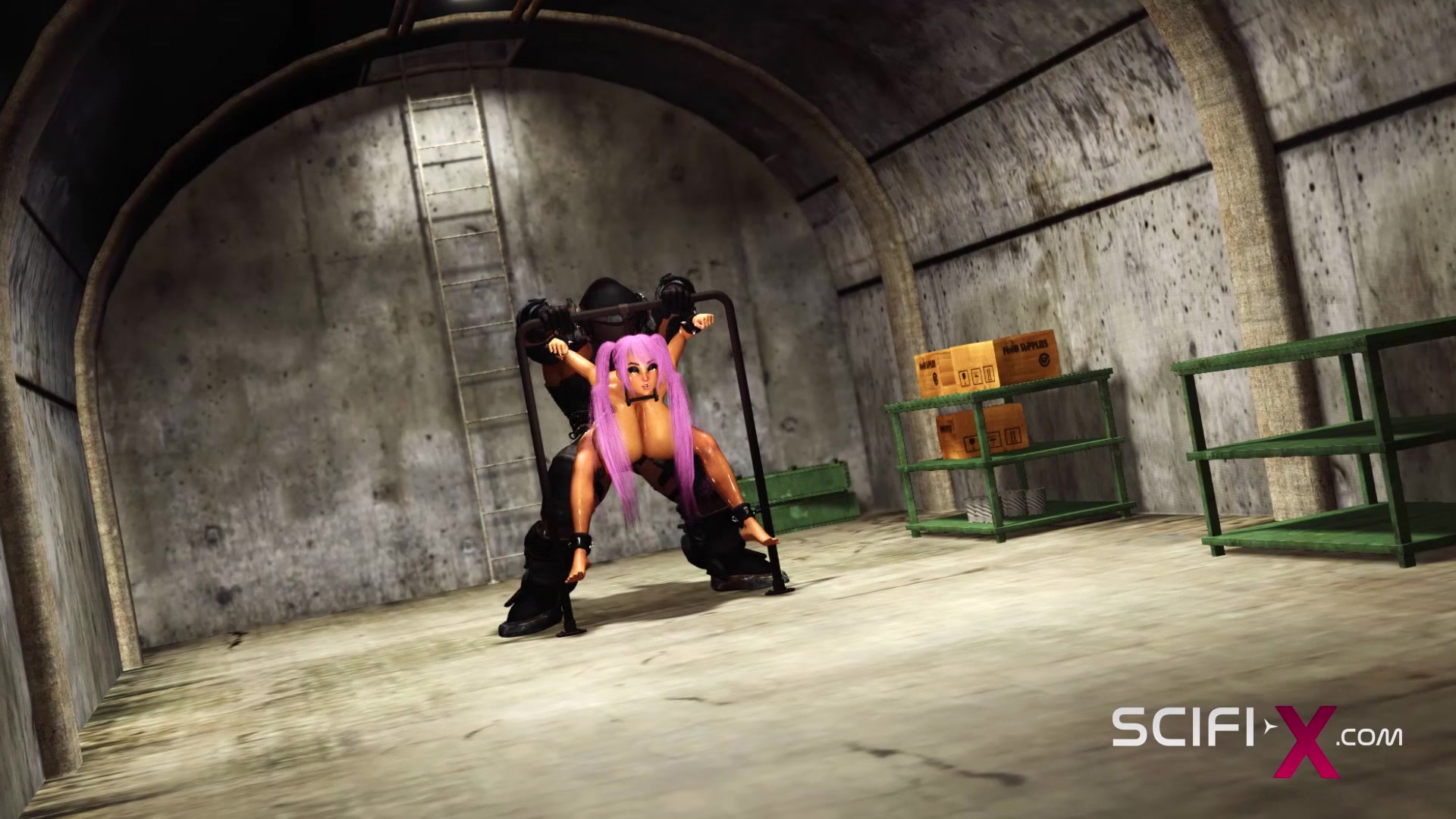 A hot japanise college girl in cuffs has a crazy sex in sci-fi military bunker
