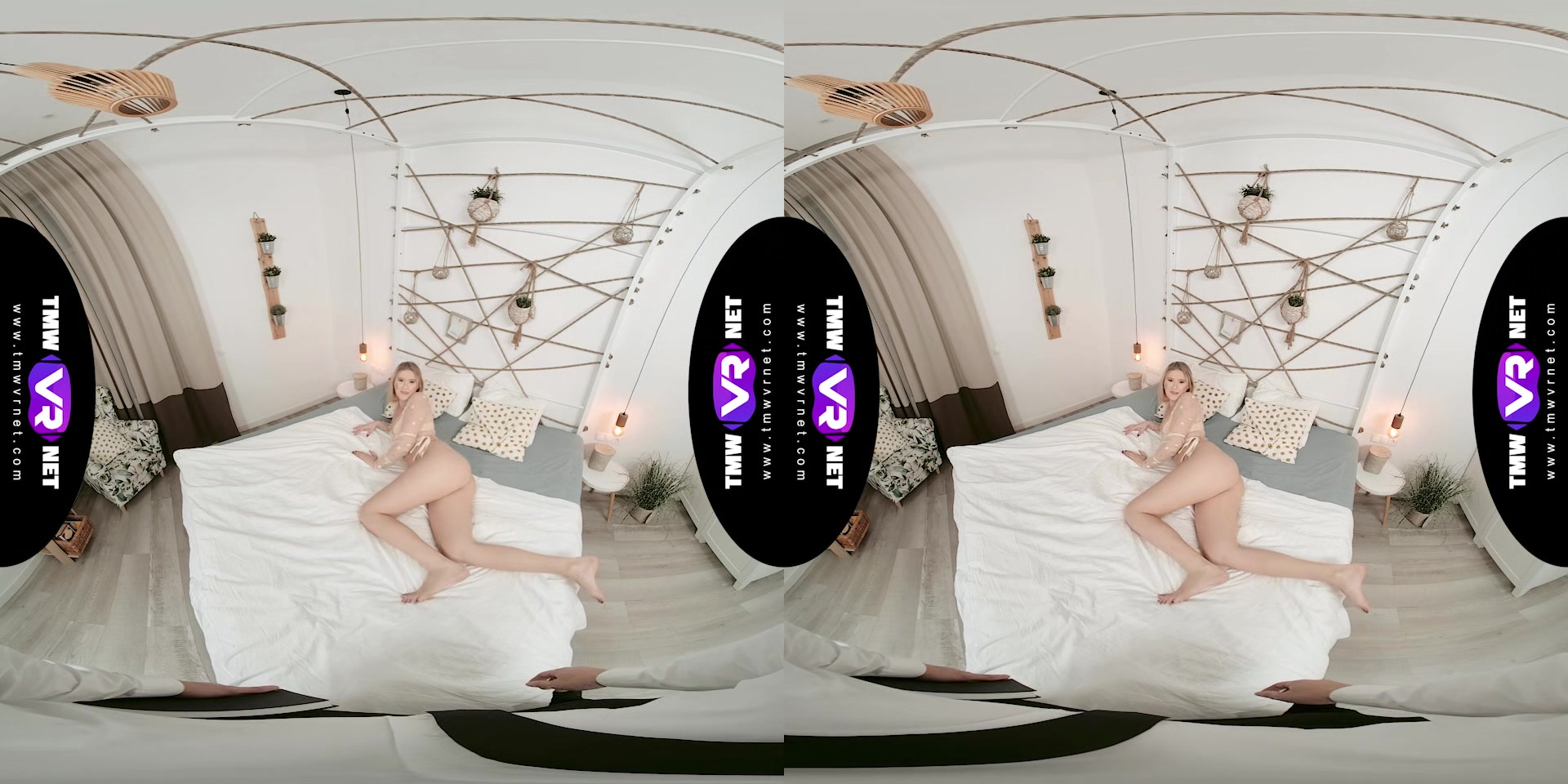 Glam blonde waits for dude in bed