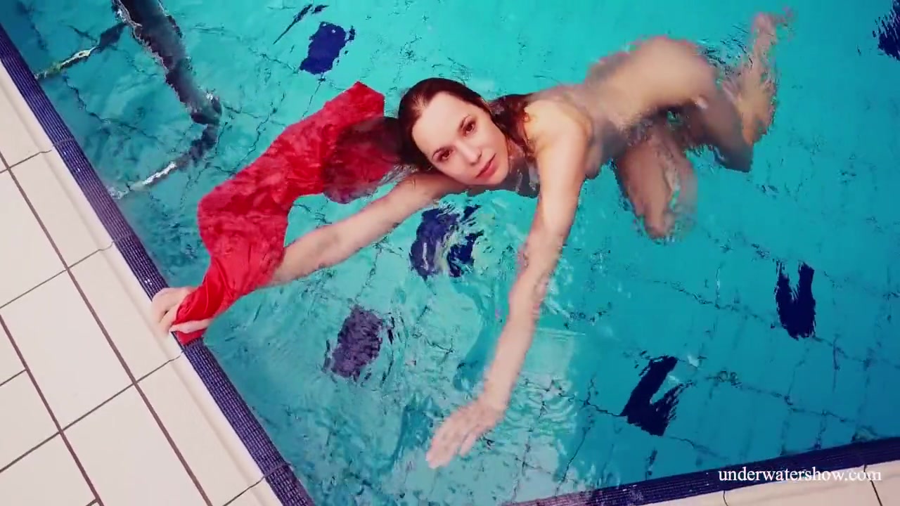 Red Long Dress And Big Tits Floating In The Pool