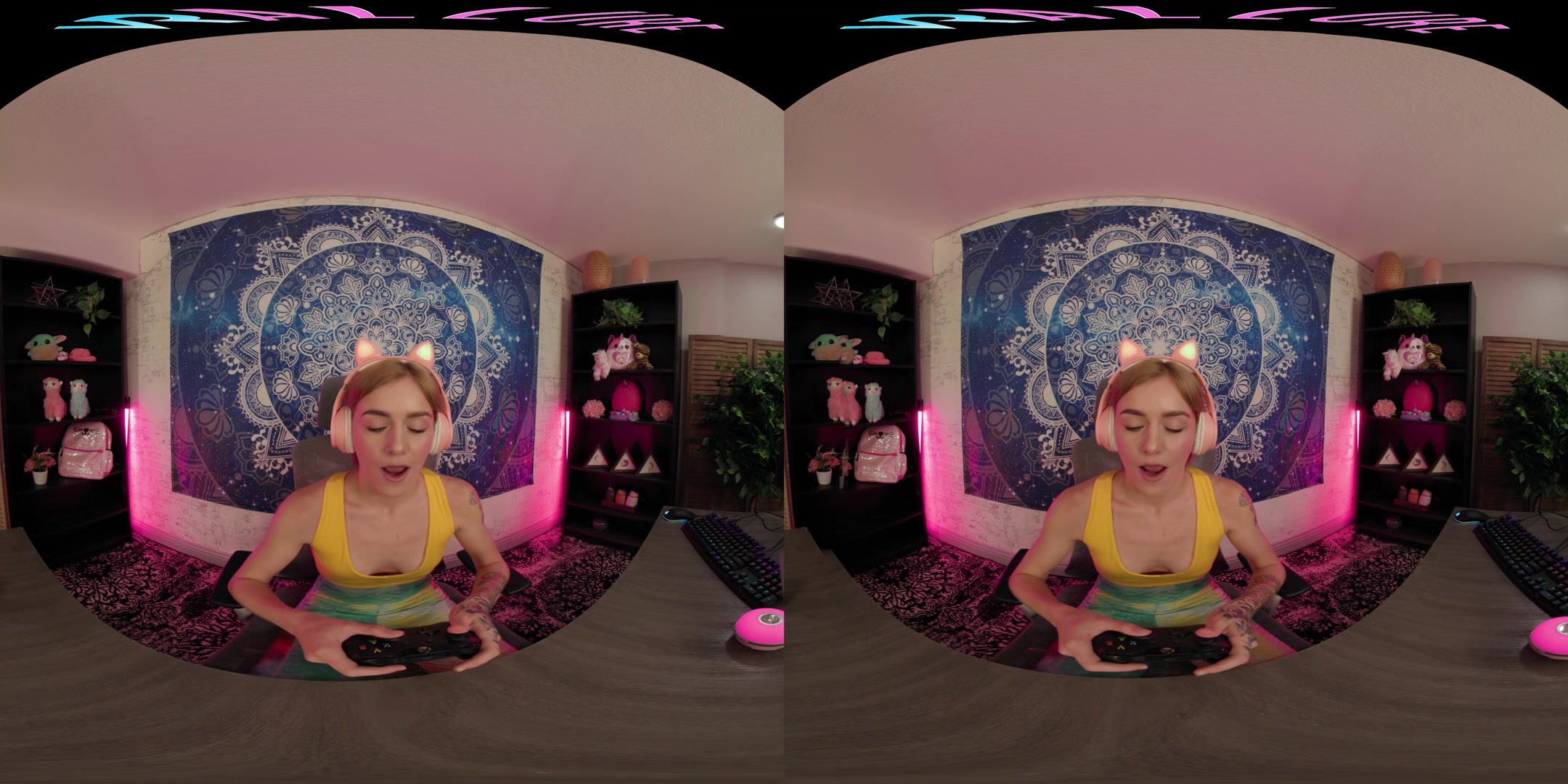 Gamer girl rides her big dildo in virtual reality