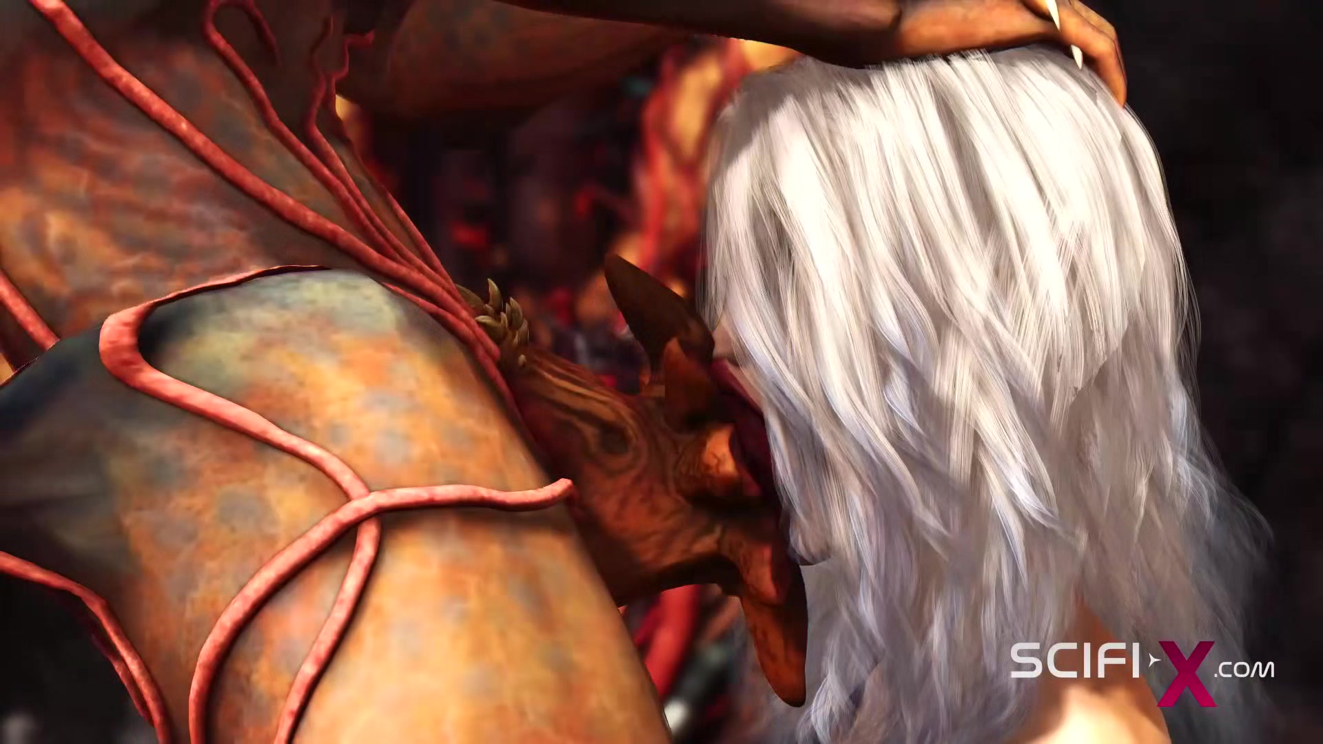 Alien fucks hard a sexy blonde in her ass in the fire cave