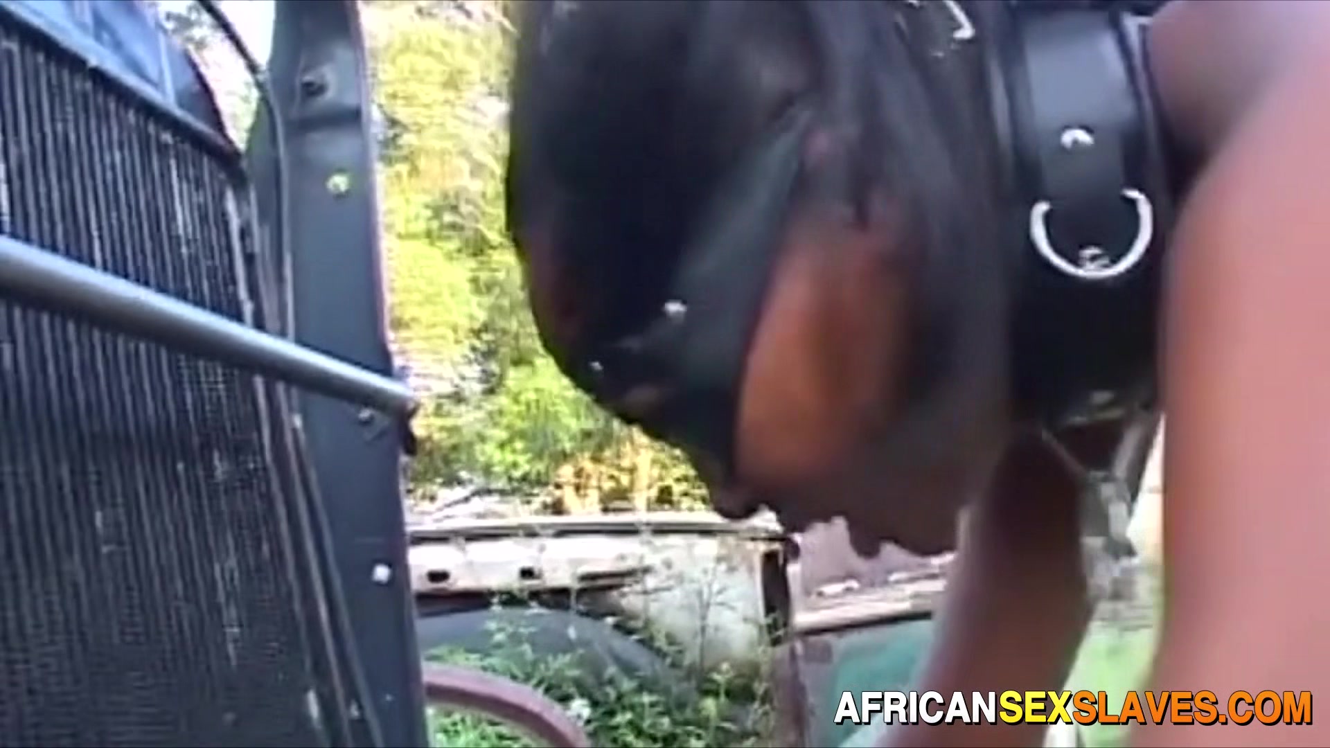 South African Skinny Black Town Whore Fucked Outdoor Chained To The Shed While