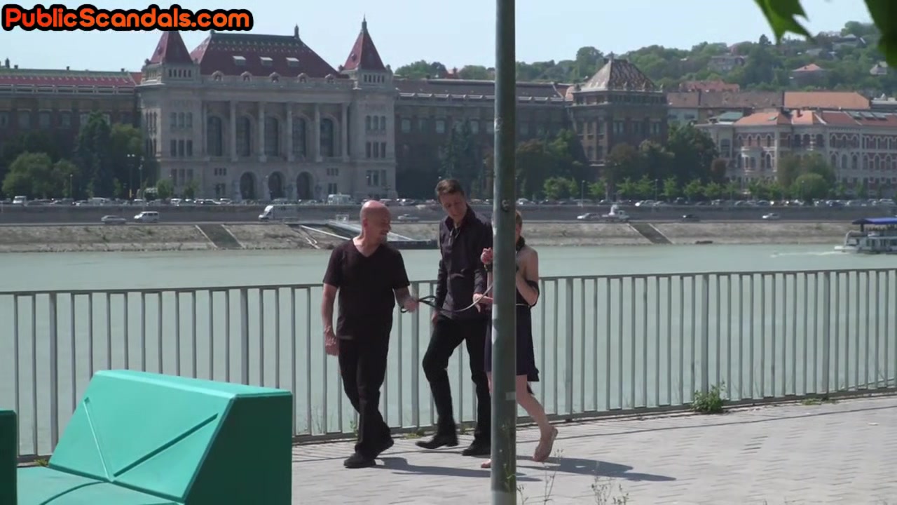 Humiliated bondage MILF exposed and facialized in public