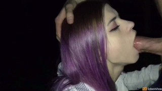 Cute hot girl doing public blowjob, cum in mouth and swallow cum