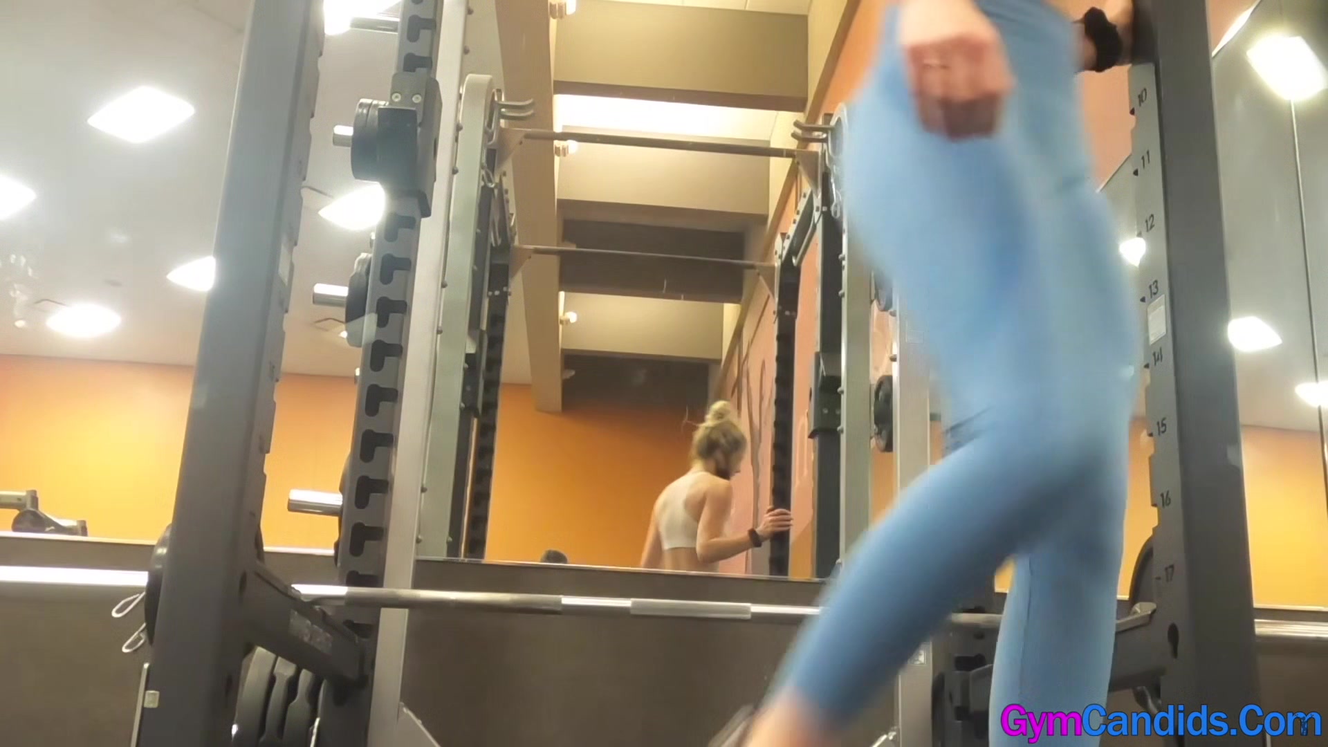 Gym Candid Blonde in Blue Leggings