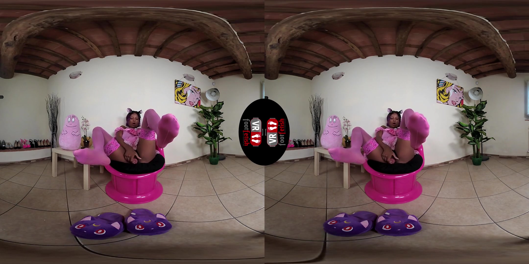 Hot Brunette Janelle Plays With Dildo Dressed In Pink Stockings With Kawaii Slippers; Ebony Babe in Kitty Cosplay Foot Fetish VR