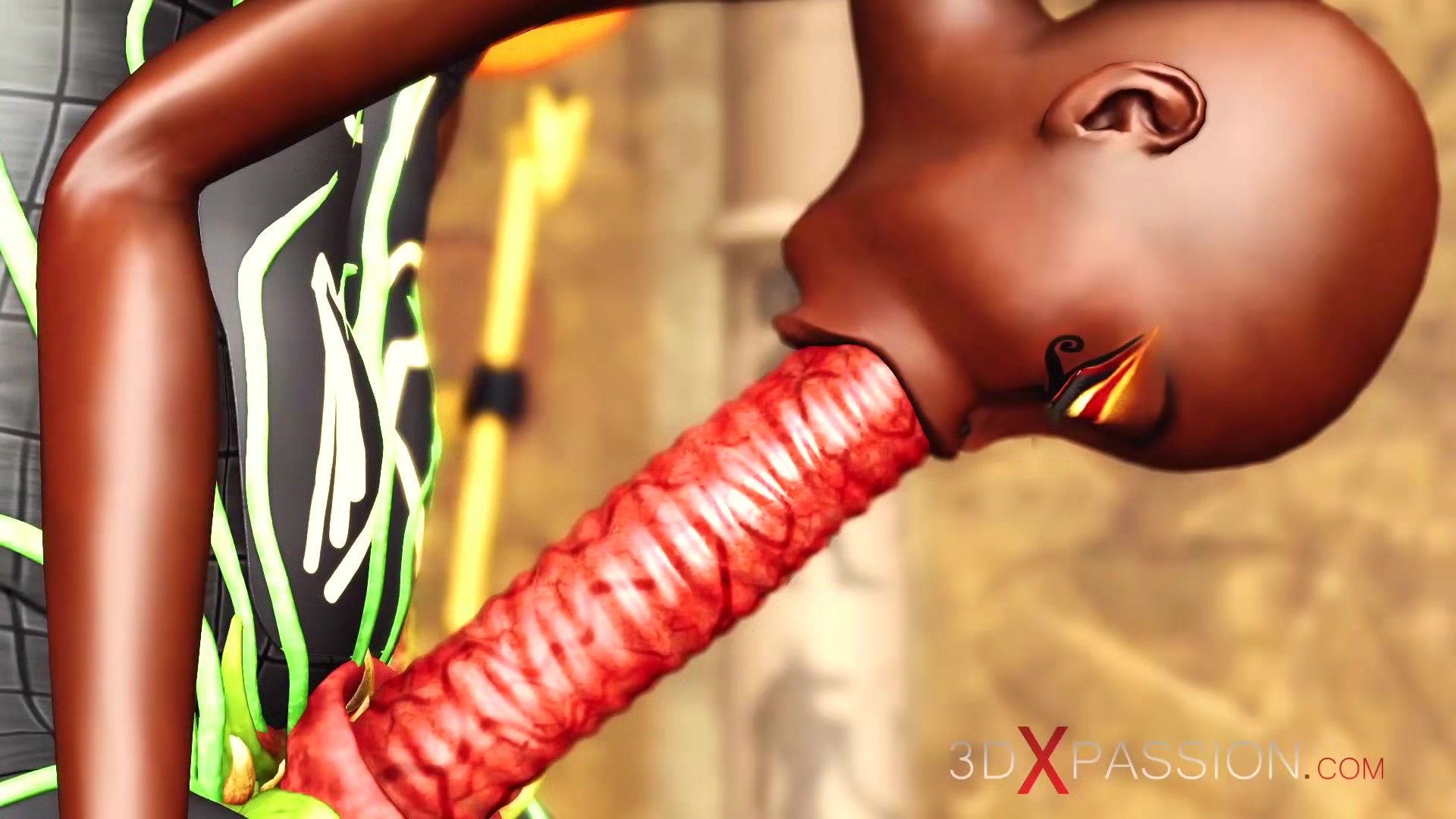 Ancient Egypt. Anubis plays with a hot black girl in the temple