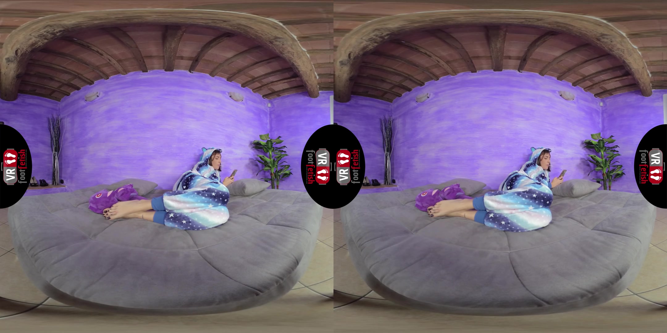 Stunning Aradia In A One-Piece Hooded Pajama And Purple Slippers - VRFootFetish