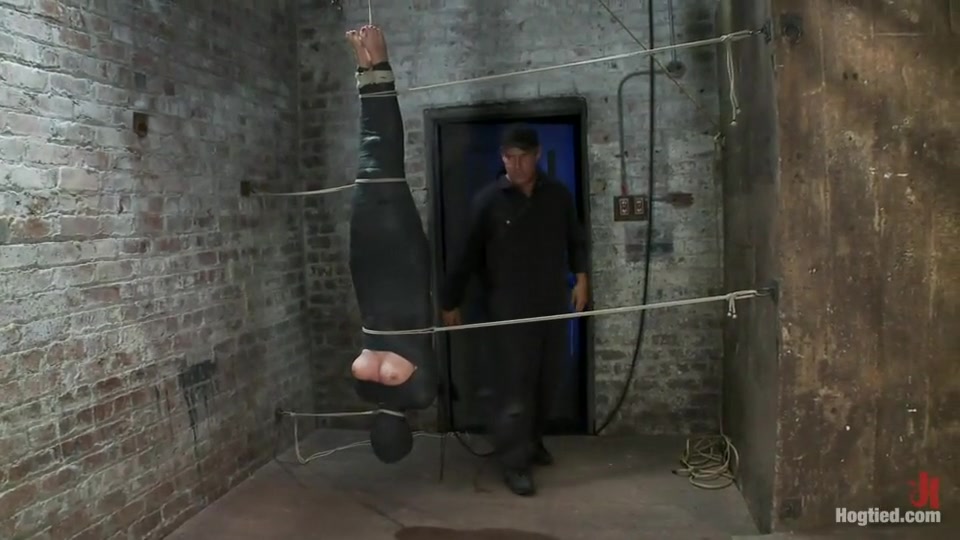Cute little blond girl is mummified, vibrator stuck on her clit. Hung upside down to cum & cum.