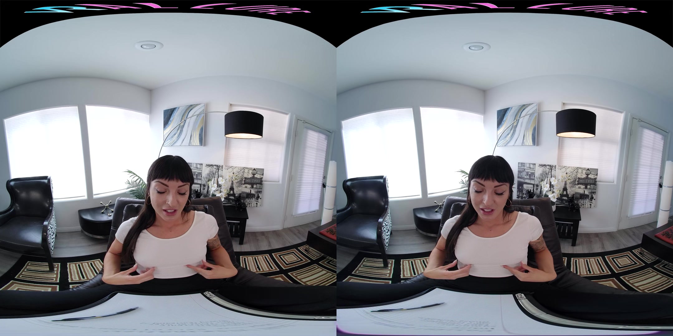 Skinny brunette fucks her ass with a toy in virtual reality